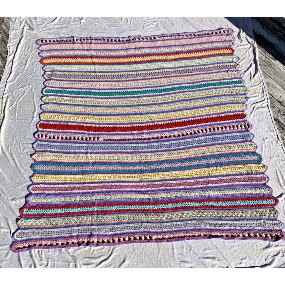 Handmade Knit Crochet Granny Striped Afghan Throw Blanket Rainbow  80"x75"